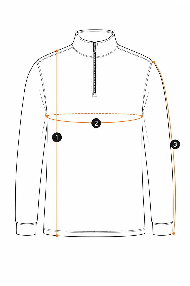 Quarter-zip long-sleeve measurement guide showing length, chest circumference, and sleeve length