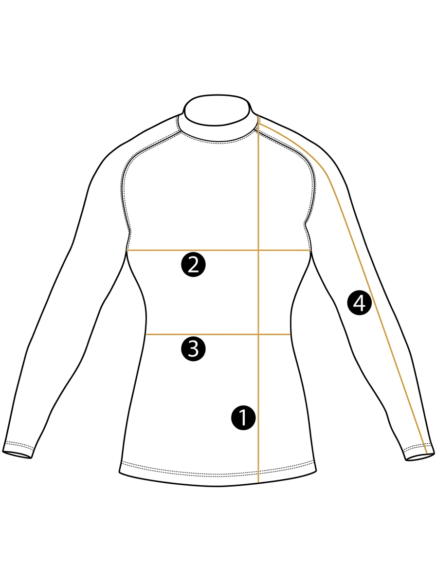Long sleeve turtleneck measurement guide showing length, chest width, waist width, and sleeve length
