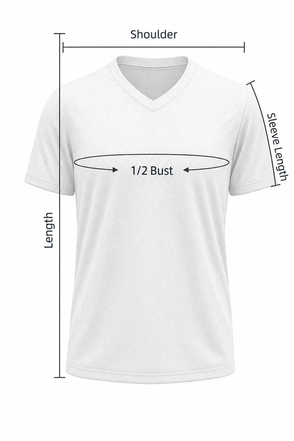 White V-neck jersey measurement guide showing shoulder, half bust, length, and sleeve length