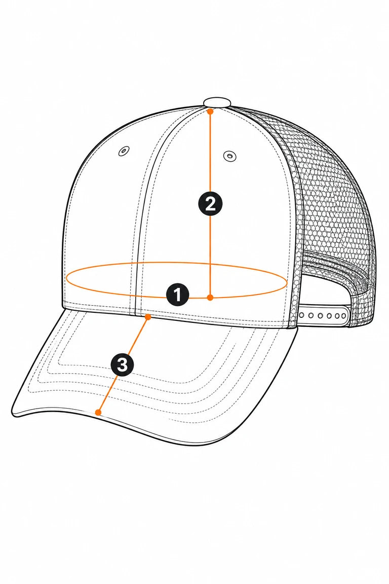 Adjustable trucker hat measurement guide showing inner circumference, crown height, and brim length