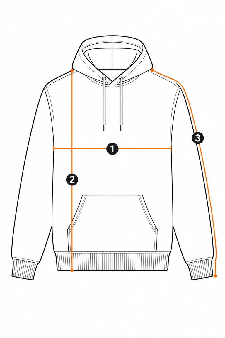 Pullover hoodie measurement guide showing chest width, length, and sleeve length