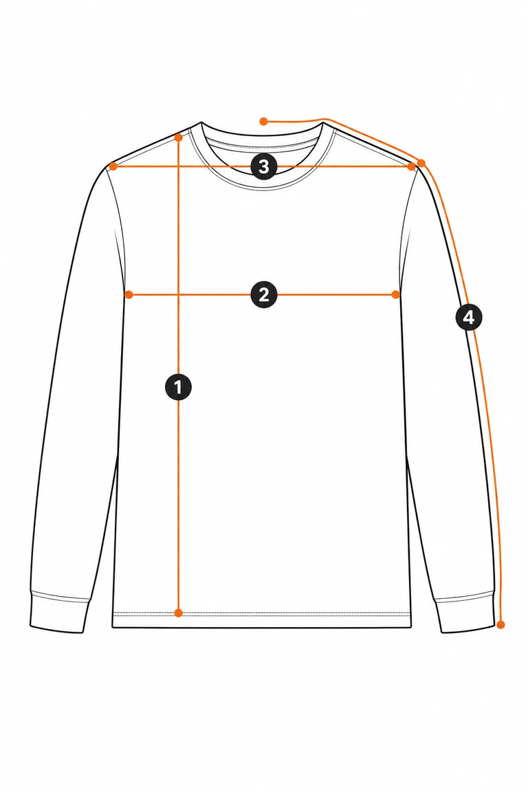 Long-sleeve shirt measurement guide showing length, chest width, shoulder, and sleeve length