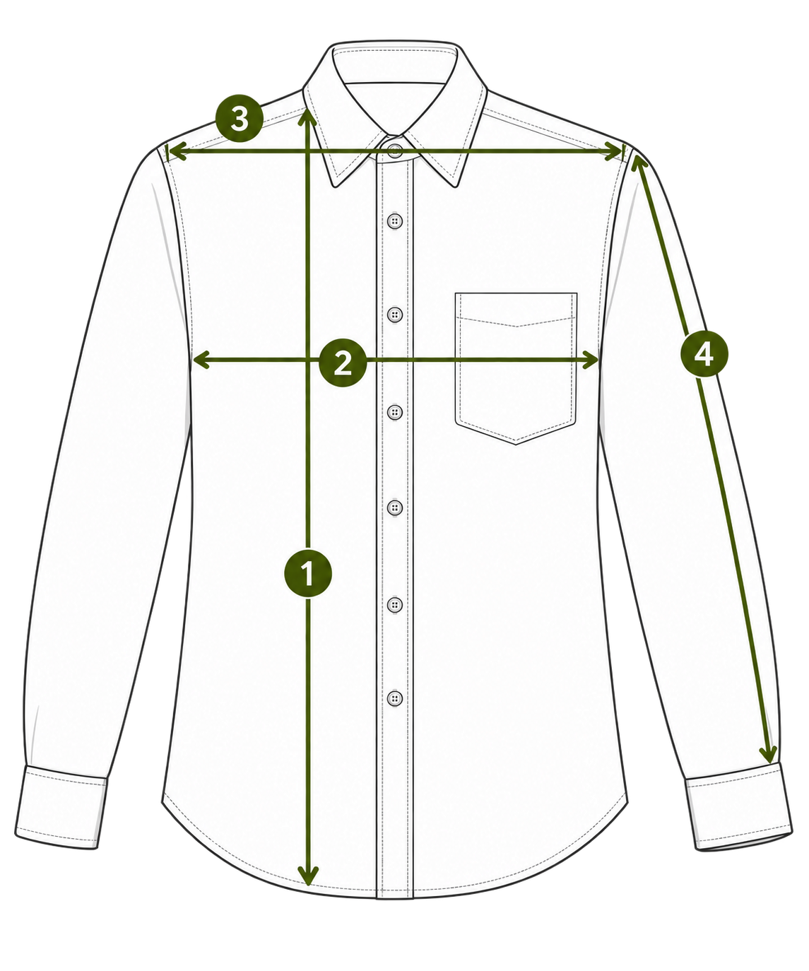 Long-sleeve button-up shirt measurement guide showing length, chest width, shoulder width, and sleeve length