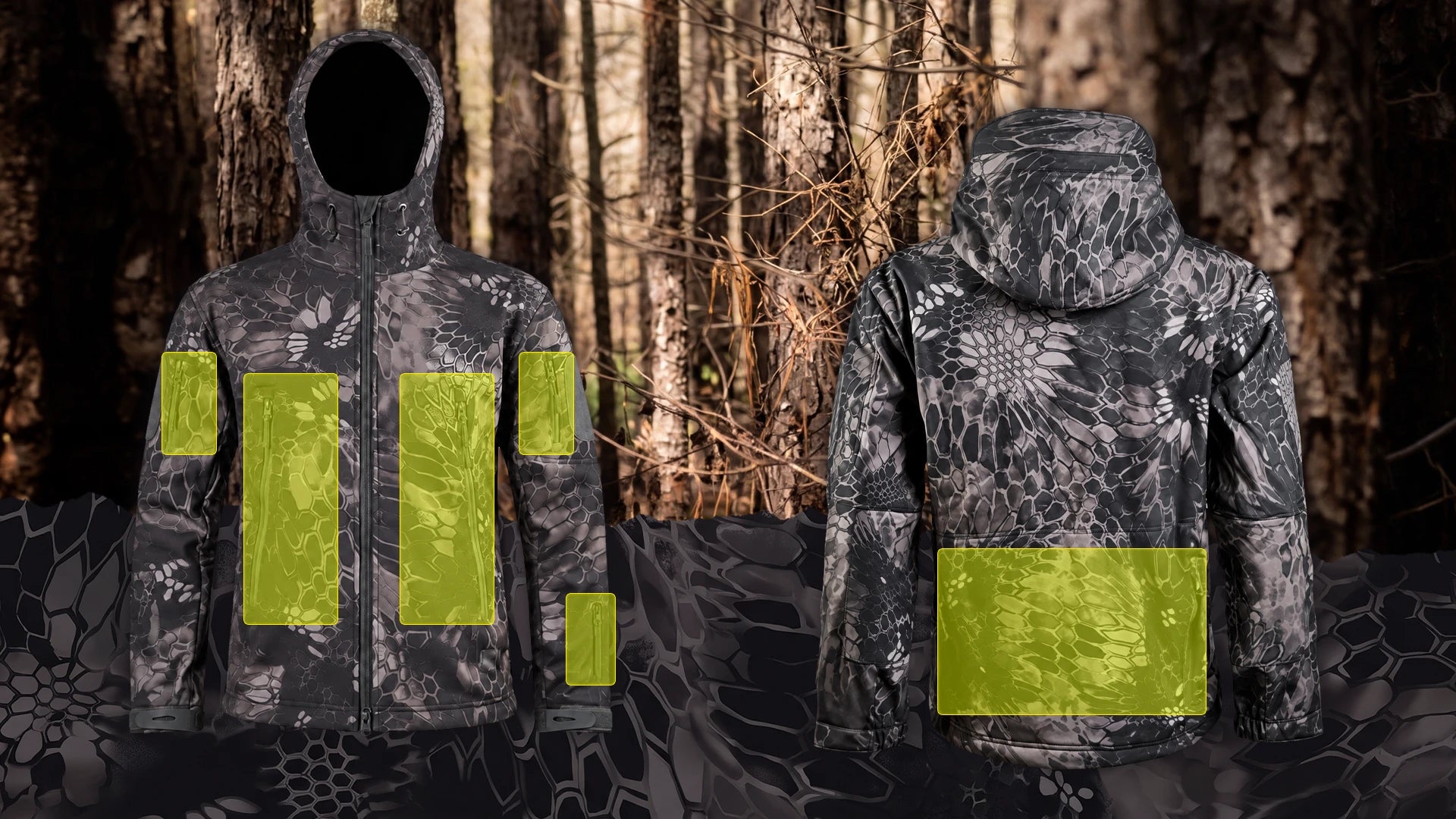 Front and back of the Silent Softshell Jacket with storage pocket locations highlighted