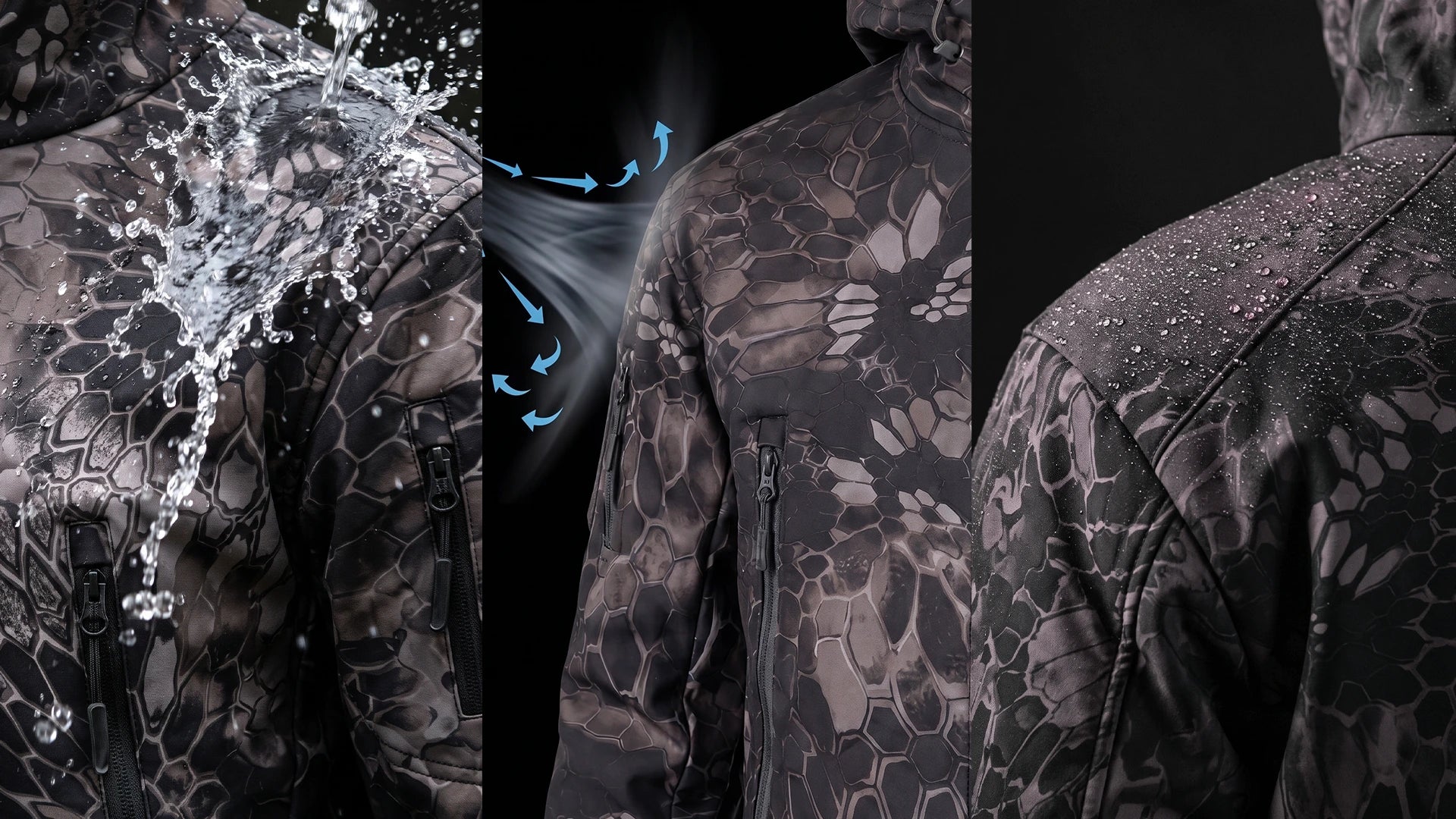Water splashing and beading on the camouflage softshell fabric