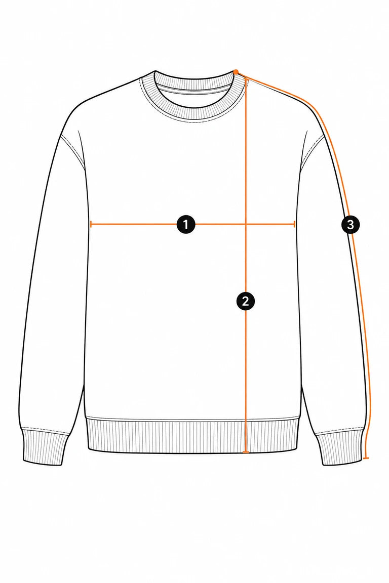 Crew-neck sweatshirt measurement guide showing chest width, length, and sleeve length