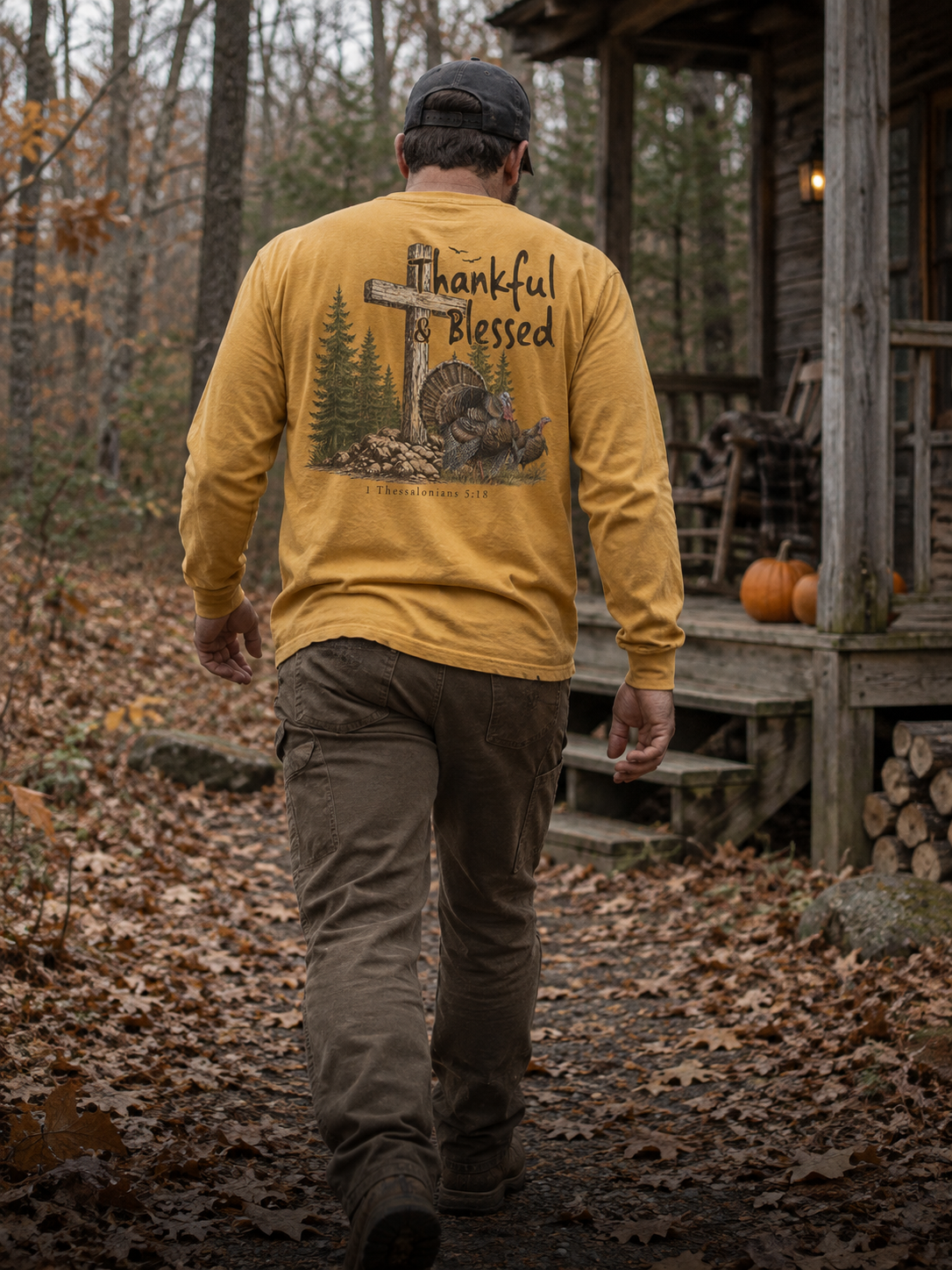 Man wearing a gold Thankful and Blessed Thanksgiving long-sleeve shirt outside a woodland cabin in autumn