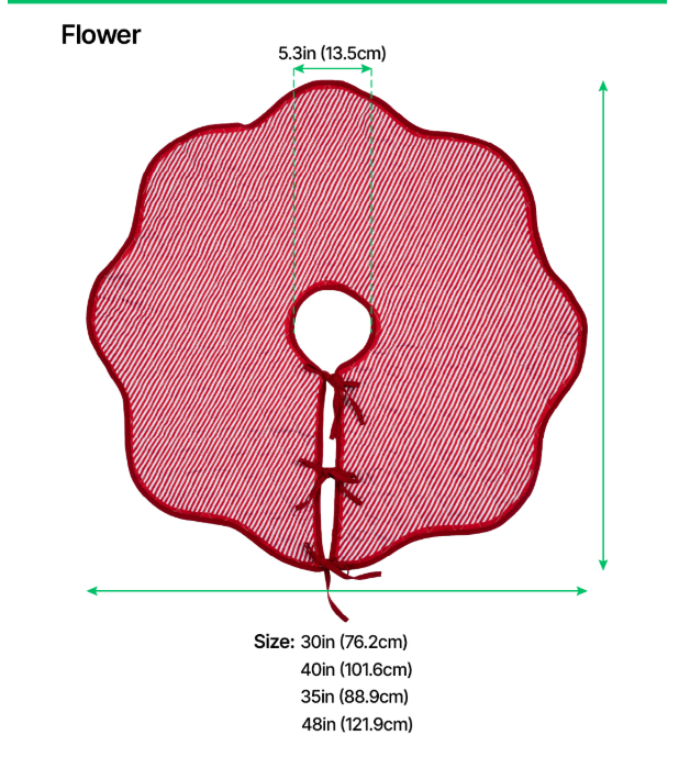 Flower tree skirt measurement guide showing 30, 35, 40 and 48 inch diameters and a 5.3 inch center opening