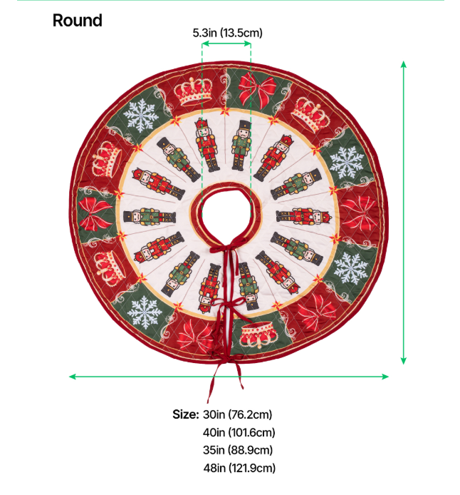 Round tree skirt measurement guide showing 30, 35, 40 and 48 inch diameters and a 5.3 inch center opening