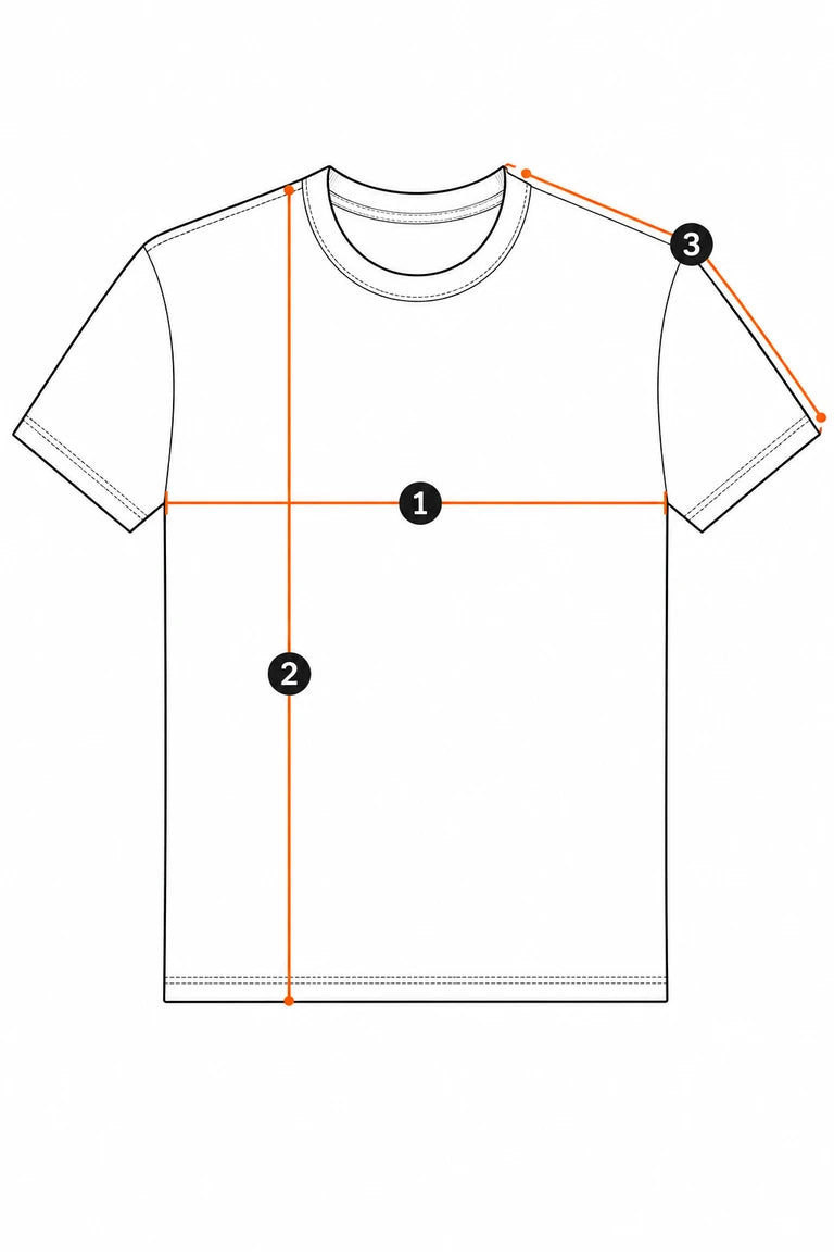 Classic T-shirt measurement guide showing width, length, and sleeve length