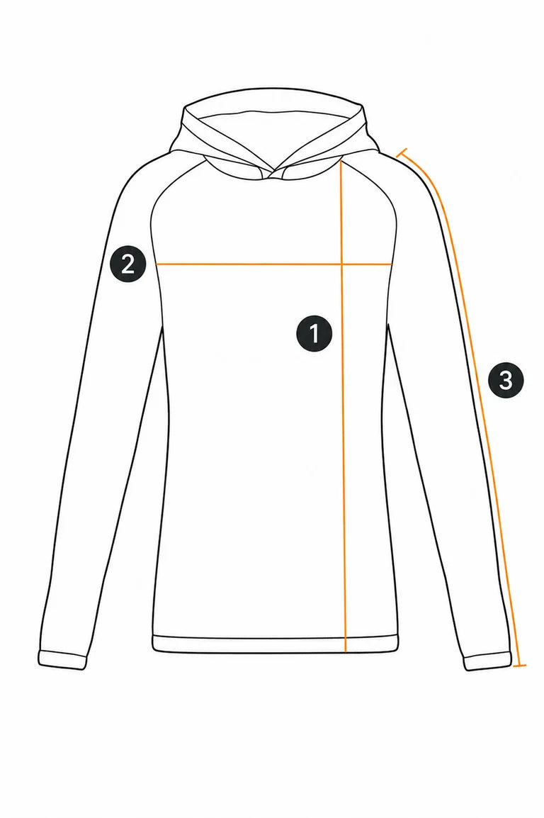 UPF hoodie measurement guide showing length, chest, and sleeve length
