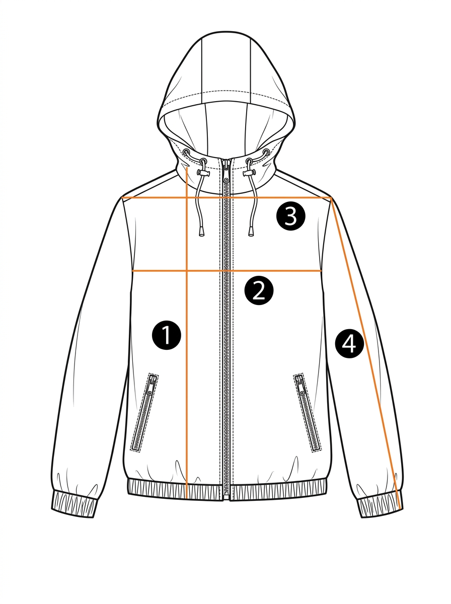 Waterproof jacket measurement guide showing length, chest width, shoulder width, and sleeve length